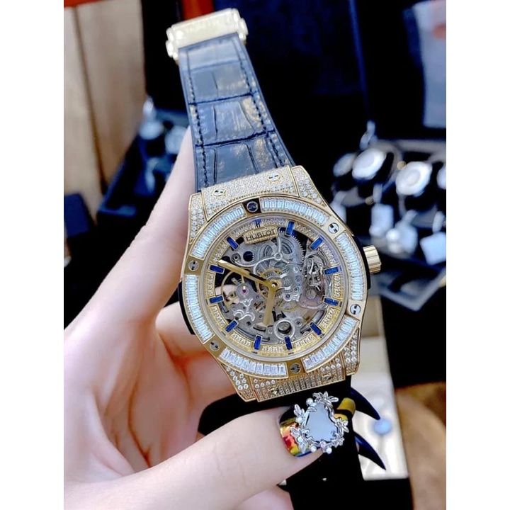 Đồng hồ Hu-blot Nam đính đá máy cơ Tourbillon 42mm hở máy vàng dây cao su rực rỡ
