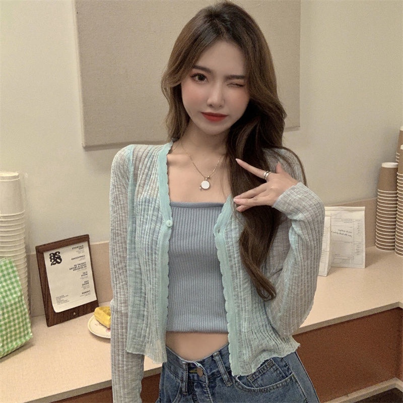 Áo Cardigan Dệt Kim Mỏng Tay Dài Cổ Chữ V Phong Cách Hàn Quốc