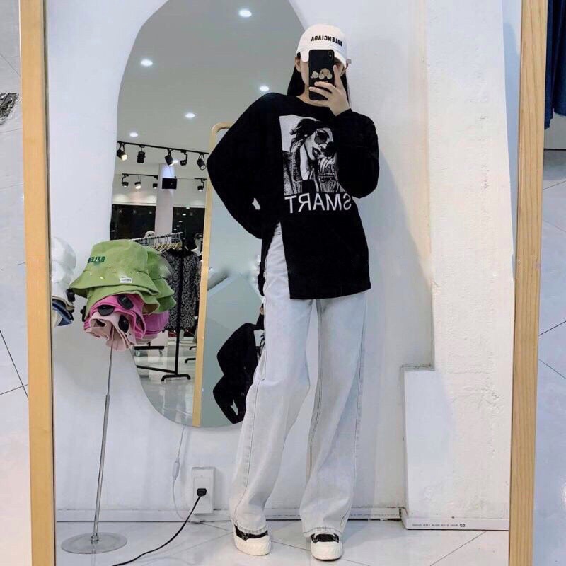 Áo Thun Sweater Dài Tay Cô Gái Xẻ Tà  In Chữ Trước Ngực SMART