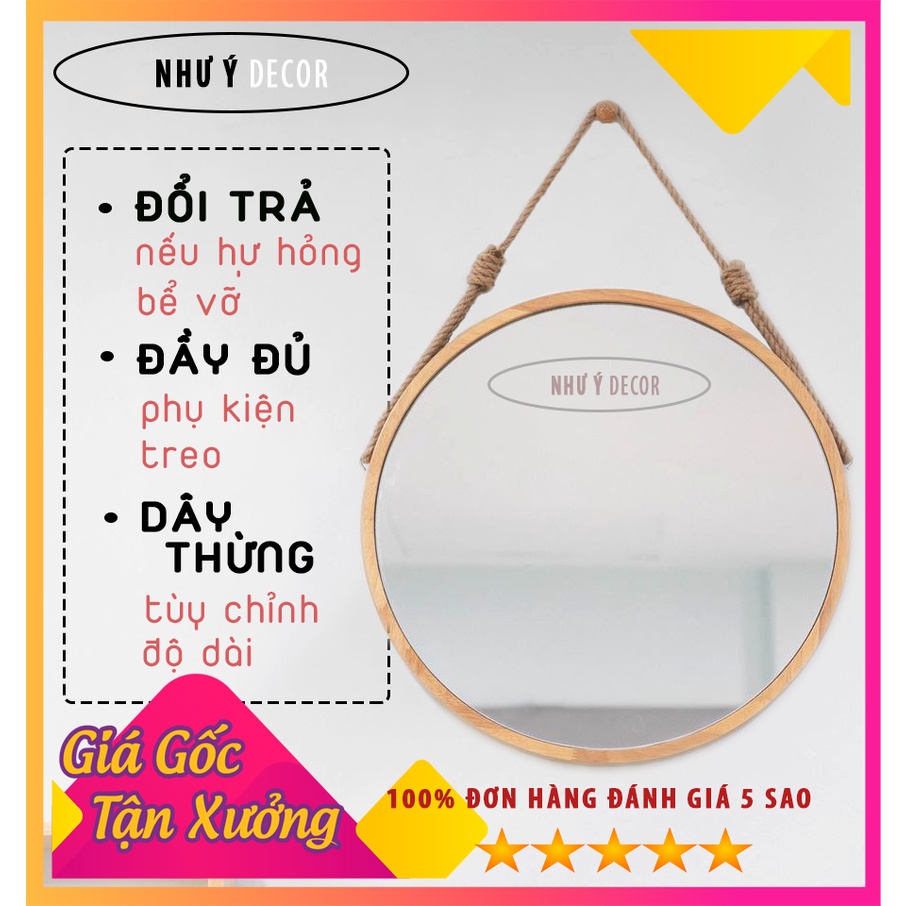 Gương treo tường trang trí - Gương tròn decor full phụ kiện kèm dây thừng , Gương viền gỗ Đường Kính Tự Chọn