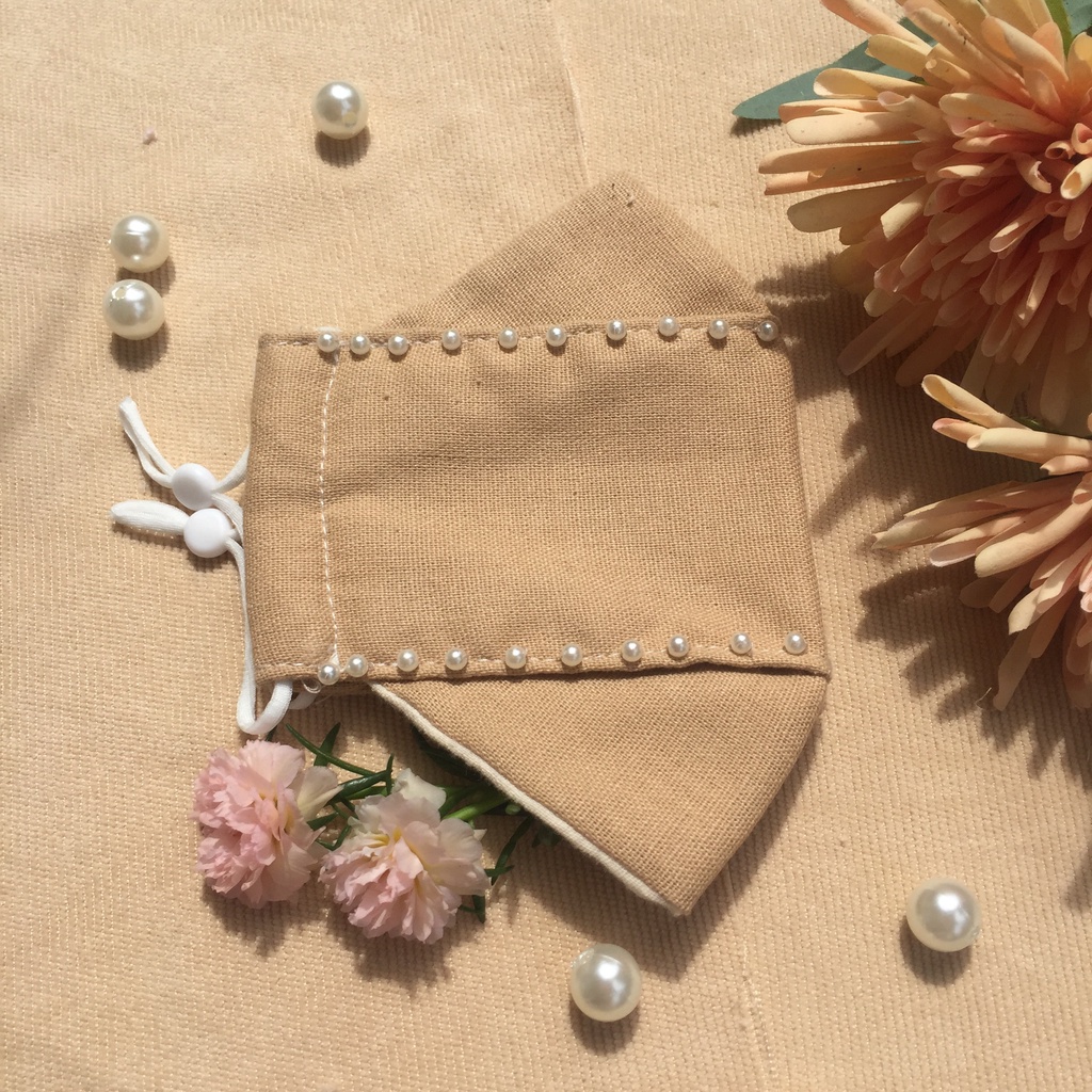 ( Mẫu mới) Khẩu trang vải Linen 3D kháng khuẩn chống bụi màu pastel kết hạt ngọc