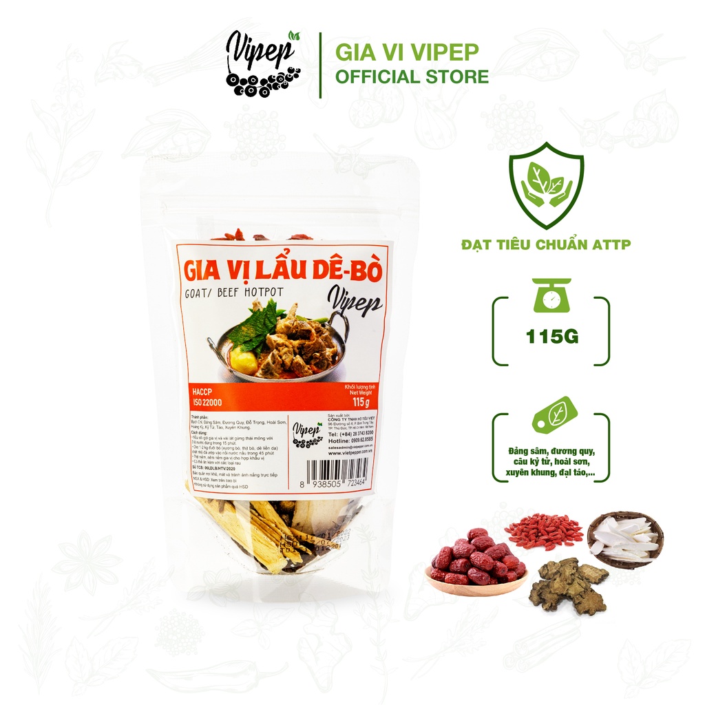 Gói gia vị nấu lẩu bò, dê Vipep 115g - gia vị ninh hầm quý hiếm (kỷ tử, đại táo, hạt sen, hoài sơn, đảng sâm..)