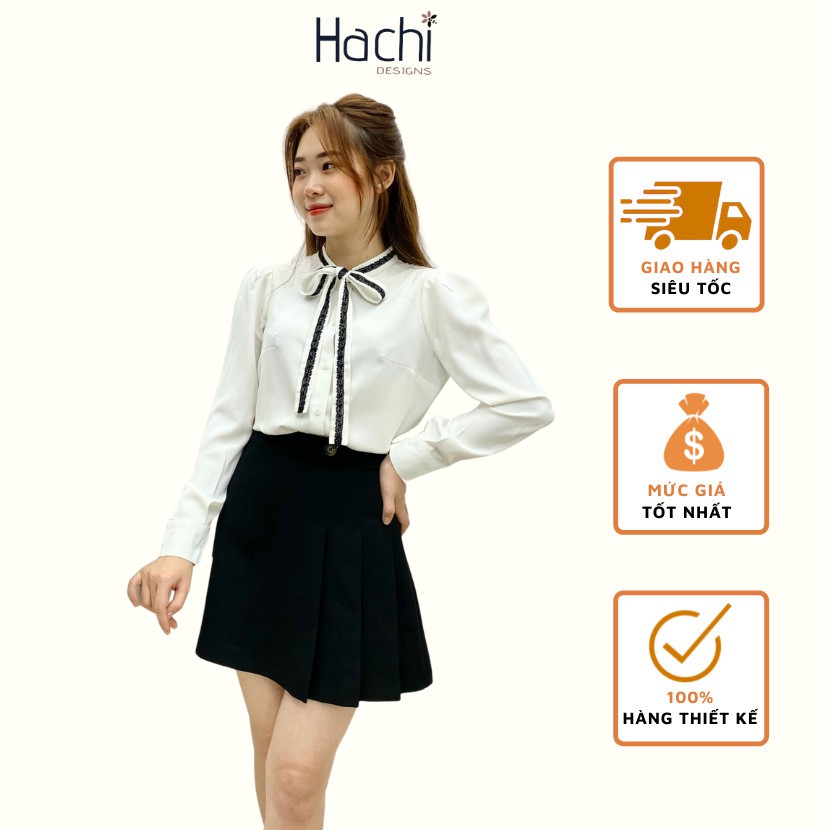 Áo Sơ Mi Nữ Công Sở Màu Trắng Dài Tay Dáng Hàn Quốc, Phối Viền Nơ Ở Cổ Hàng Thiết Kế Hachidesigns