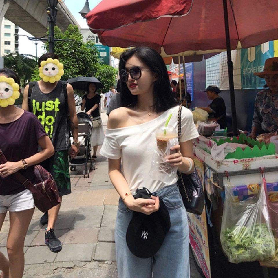 Áo Thun Lệch Vai Một Bên Vai Ngắn Phong Cách Hàn Quốc Gợi Cảm Thời Trang Mùa Hè Dành Cho Nữ 2023