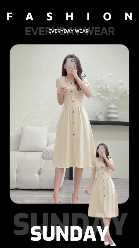 Đầm cổ vuông 5 size nút gỗ chiết eo tiểu thư Bridget C912 CIN HOUSE | BigBuy360 - bigbuy360.vn