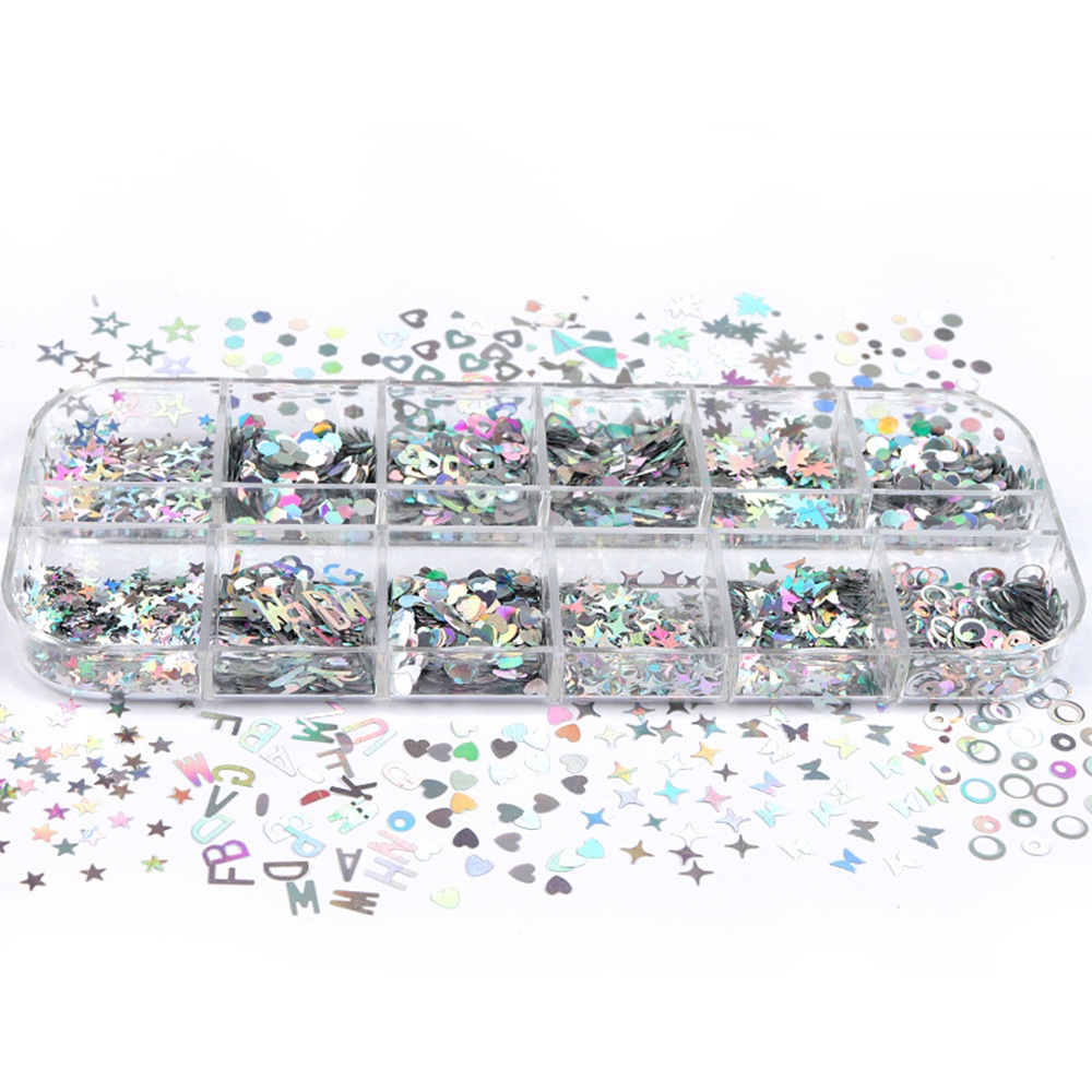 [Hàng mới về] Hộp kim sa hình học tim sao trăng bướm lấp lánh ba chiều nhiều màu sắc trang trí móng tay nghệ thuật DIY