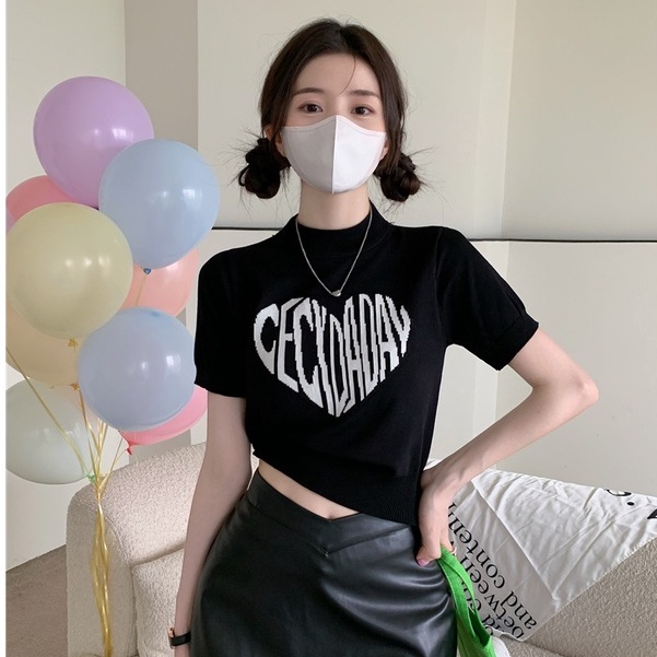 Áo Thun Dệt Kim Ngắn Tay Ôm Dáng In Chữ Và Trái Tim Thời Trang Phong Cách Hàn Quốc Cho Nữ