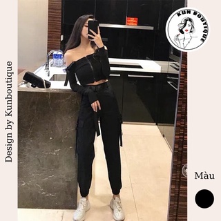 💥SẴN 💥 Set đồ nữ áo croptop body trễ vai có quai - quần jogger kèm đai lưng đen cá tính (Ms D24)