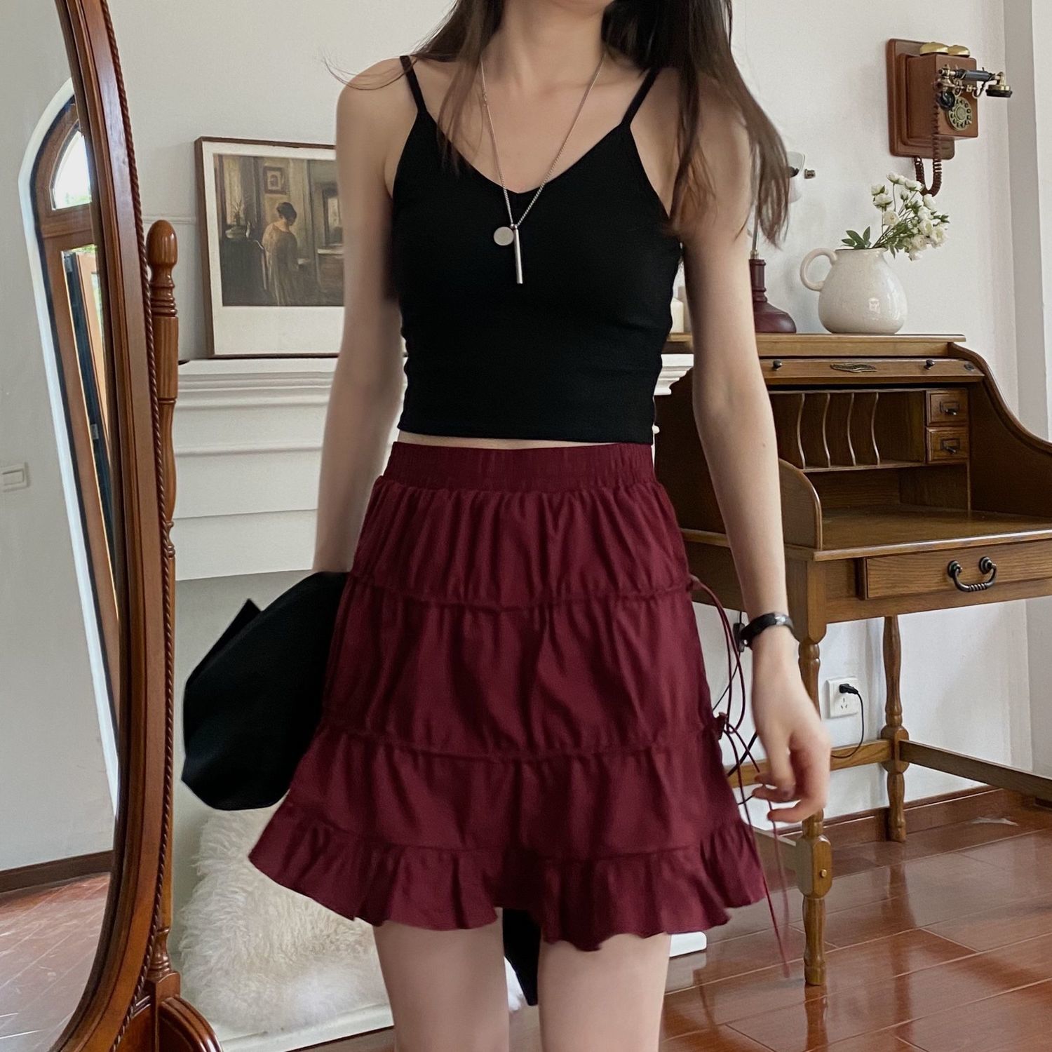 French Retro Sweet Girl Red High-Waist Slimming Short Skirt Elastic Waist Skirt 2021 | BigBuy360 - bigbuy360.vn