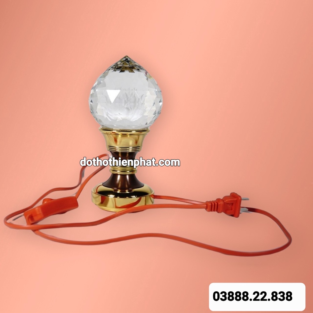 Đèn thờ led pha lê bông sen búp đào nguyên khối đế đồng đổi màu cao cấp 8in cao 20cm