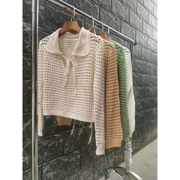 Áo len lưới cổ bẻ vintage dài tay, buộc dây dáng lửng