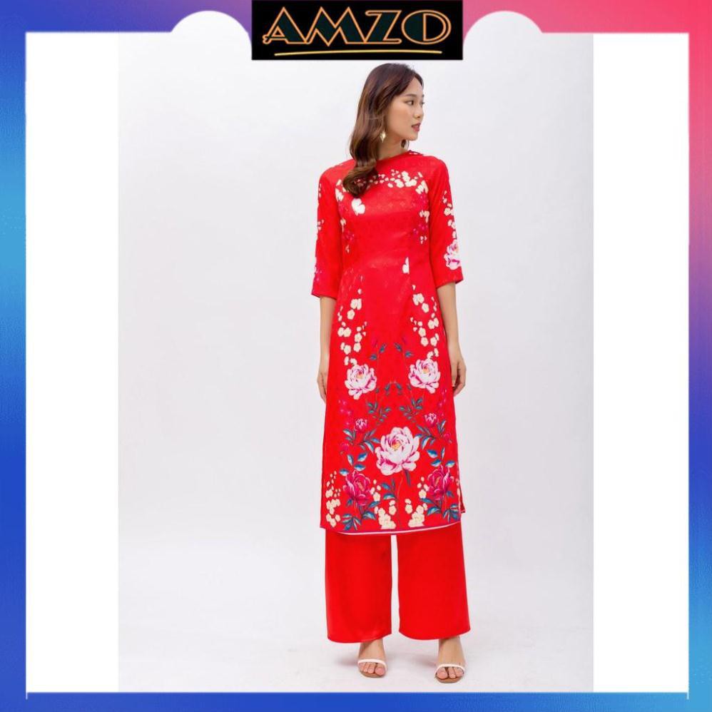 Áo Dài May Sẳn, Áo Dài Cổ Tròn Tay Lửng Màu Đỏ Chất Liệu Gấm Lụa In Hình Hoa Trạng Nguyên. | BigBuy360 - bigbuy360.vn
