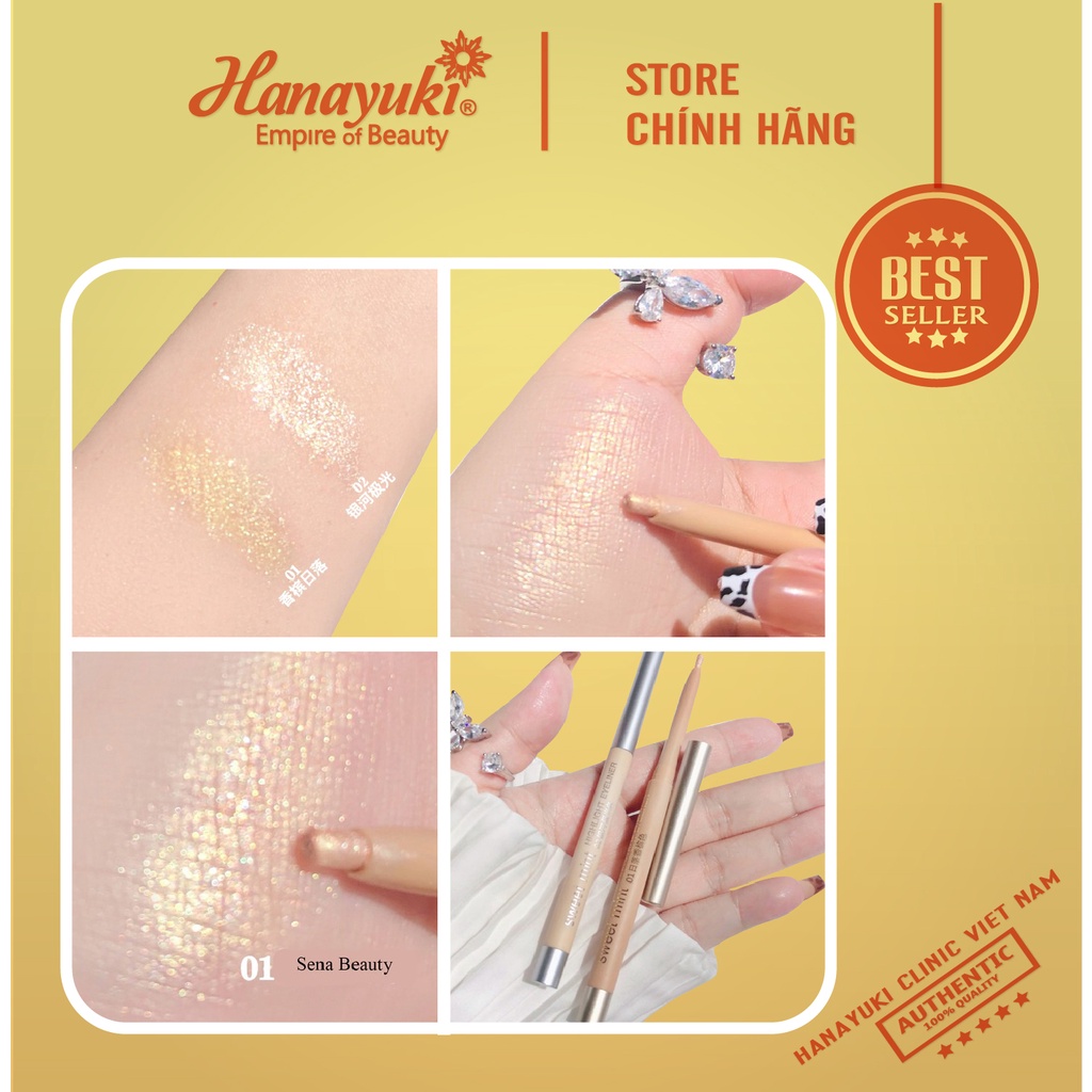 Bút sáp nhũ trang điểm bắt sáng Sweet Mint Highlight vỏ vàng Hanayuki Clinic Vietnam