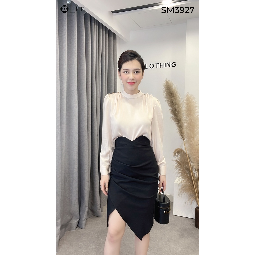 Áo kiểu nữ chất vải lụa ngọc trai màu be trơn kiểu dáng thời thượng Liin Clothing SM3927