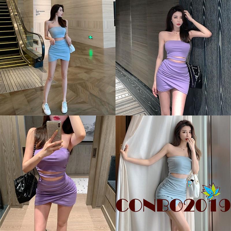 Set áo croptop không tay kèm chân váy lưng cao màu sắc thời trang cho nữ