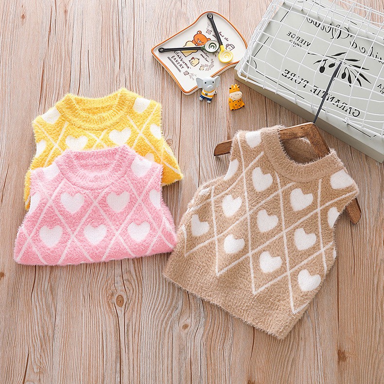 Áo gile len lông bé gái size 8-16kg họa tiết trái tim-HÀNG QCCC AL35