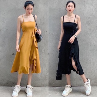 Đầm midi bèo 2 dây đen vàng nữ tính (về thêm loại phối lưới/ hồng viền bèo phối ren)