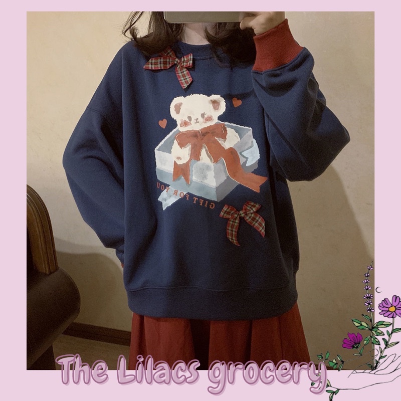 Áo Nỉ sweater dày ấm áp Gấu hộp quà Tặng Kèm nơ đính siêu dễ thương