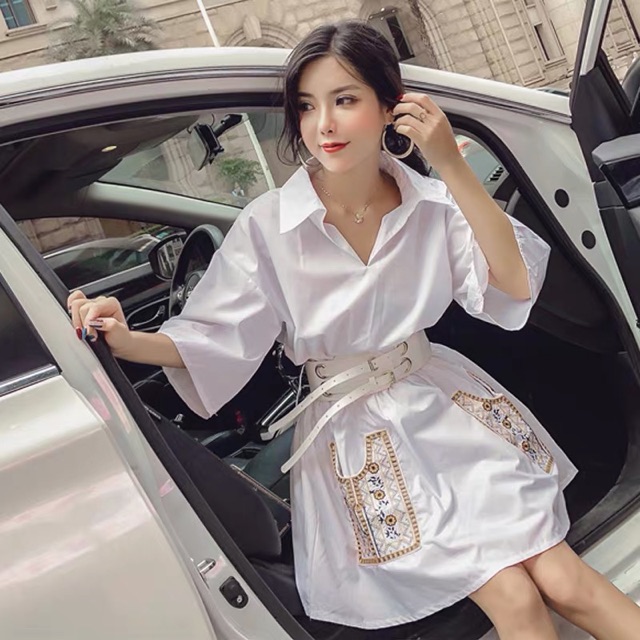 (Order-ảnh thật) Đầm sơ mi (kèm belt) phối 2 túi hoạ tiết độc lạ, cá tính