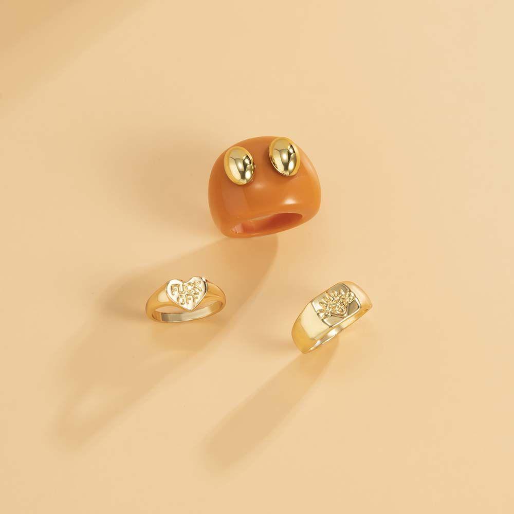 Bộ Nhẫn Resin Trong Suốt Mặt Cười / Hoa Hạt Kim Loại Tráng Men Màu Dầu