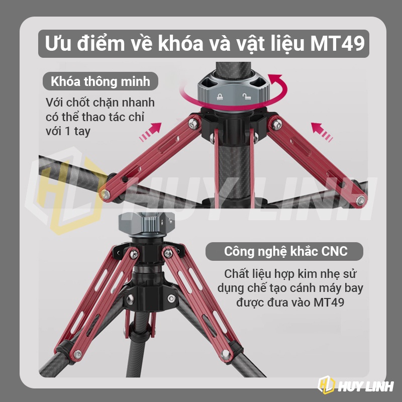 Ulanzi MT49 Tripod chuyên nghiệp Full Carbon - Chiều cao tối đa 2M gắn Đèn, Camera