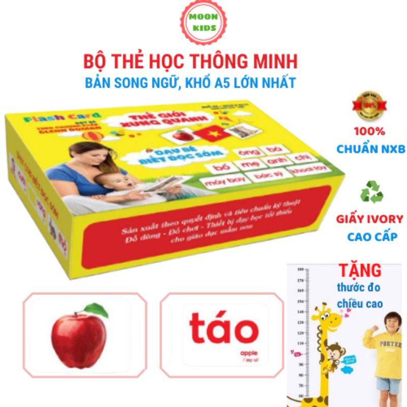 Bộ thẻ học thông minh loại to cứng khổ A5 Glenn Doman đồ chơi cho bé sơ sinh Flashcard song ngữ thế giới xung quanh