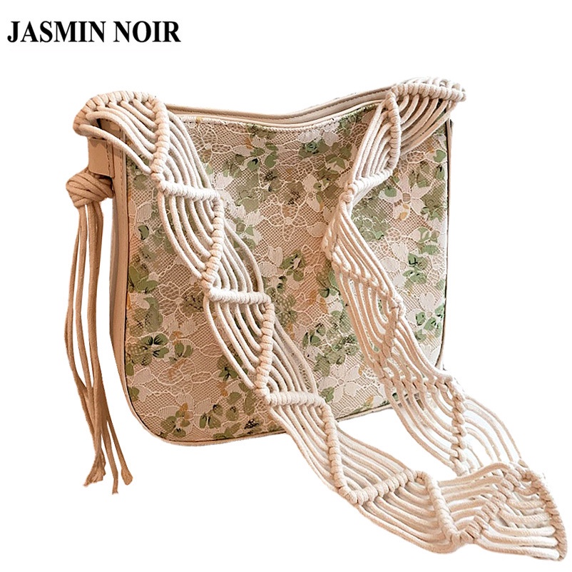 Túi JASMIN NOIR đeo chéo nắp gập in họa tiết hoa phối tua rua thời tràng cho nữ