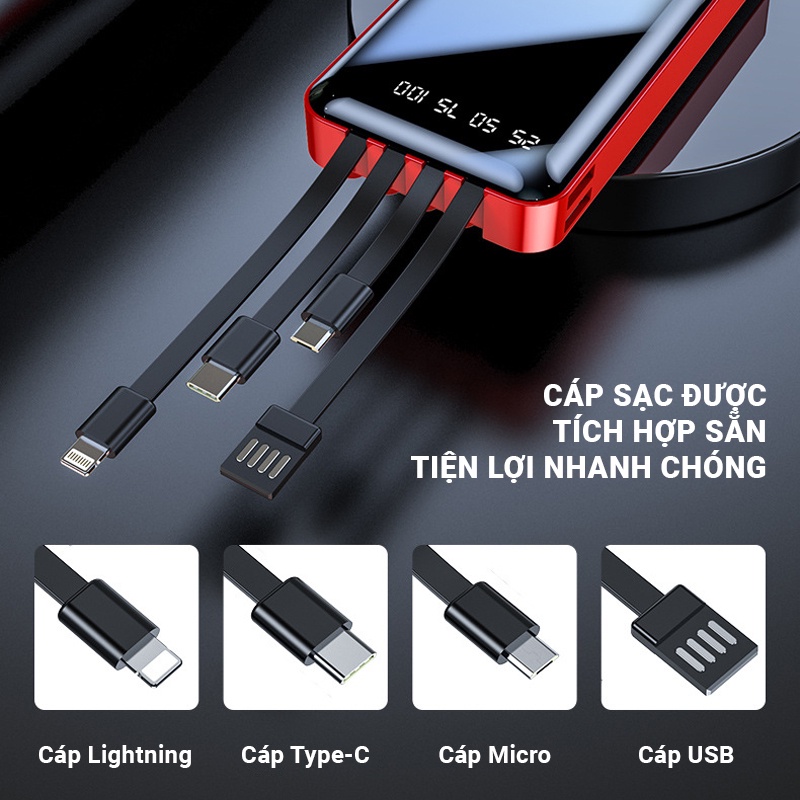 Pin sạc dự phòng Cát Thái YM-290S 20000mAh tích hợp sẵn 4 cáp sạc Micro/Type-C/Lightning/USB hỗ trợ sạc nhanh 2A