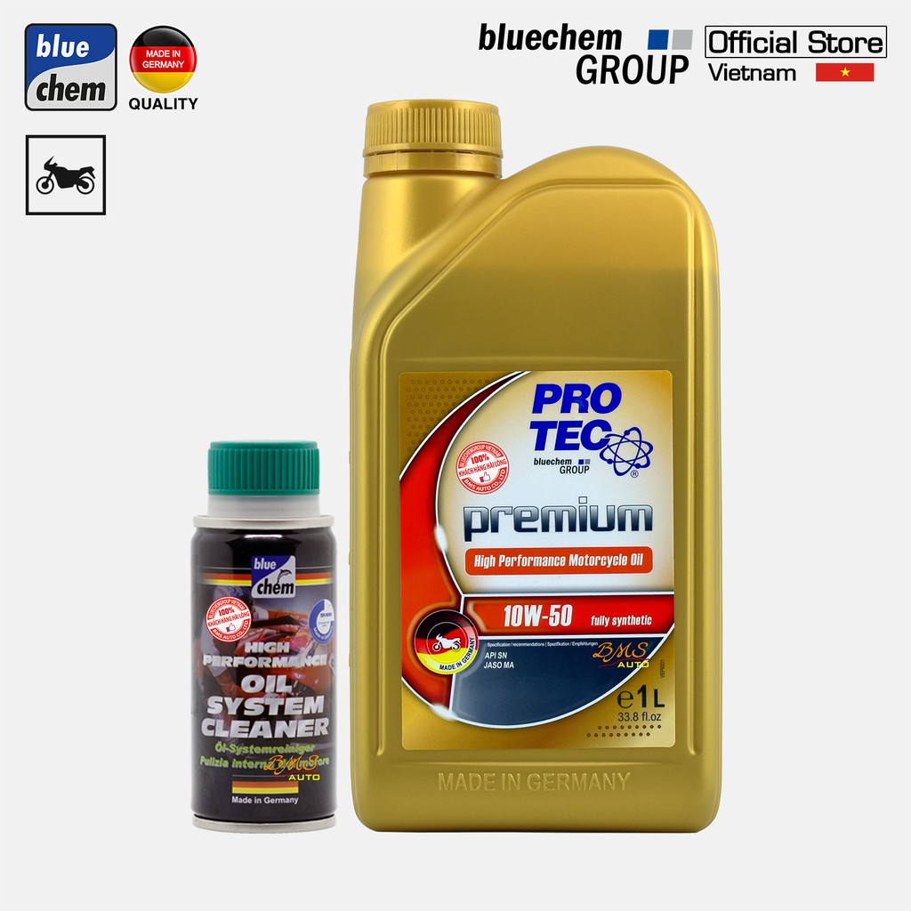 Cặp sản phẩm bluechem Làm sạch hệ thống bôi trơn và dầu nhớt Hiệu năng cao PRO-TEC 10W-50 dành cho mô tô xe máy