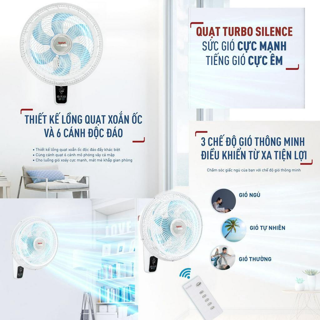 Quạt treo tường có điều khiển từ xa Tefal Turbo Silence VH677990/VH657690  công suất 80W/55W  - bảo hành 2 năm