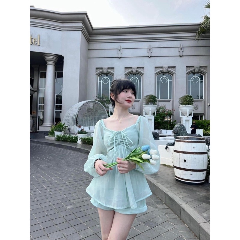 Set áo peplum rớt vai rút + short Briebrie cao cấp chất liệu tơ xốp, sang chảnh