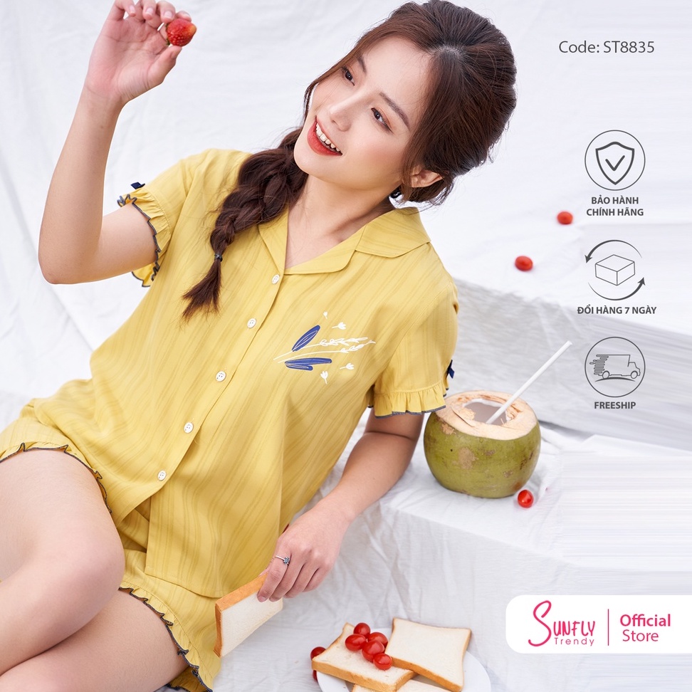 Bộ đồ mặc nhà nữ pijamas linen SUNFLY áo cộc quần sooc ST8835