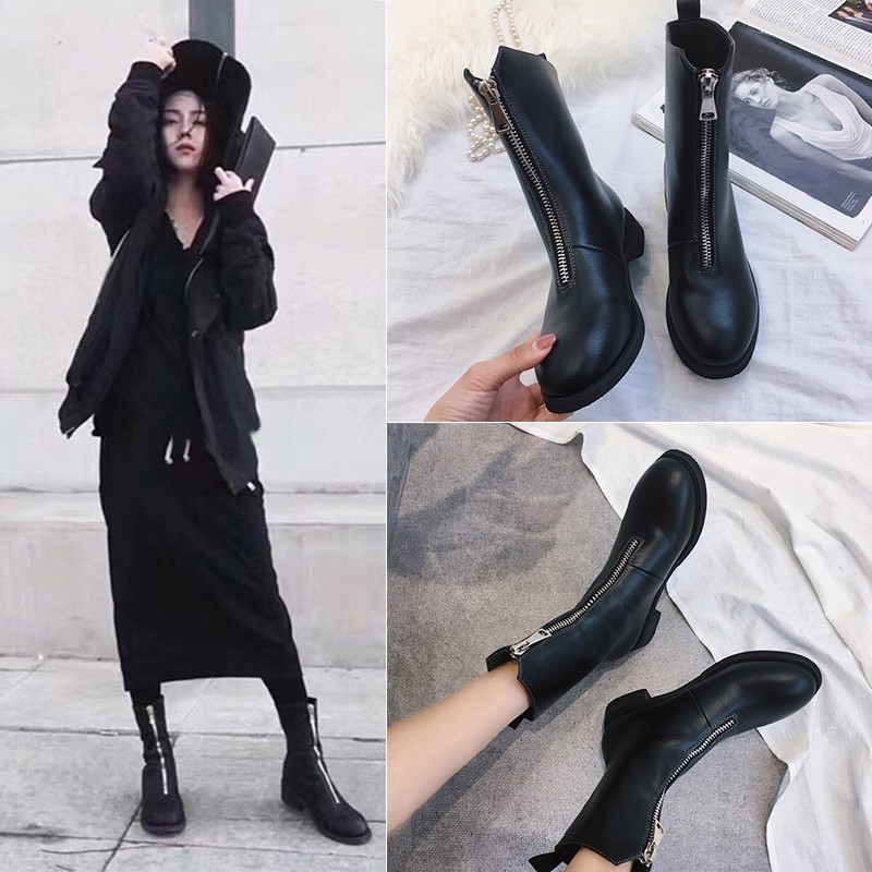 Bốt da cao cổ khóa trước