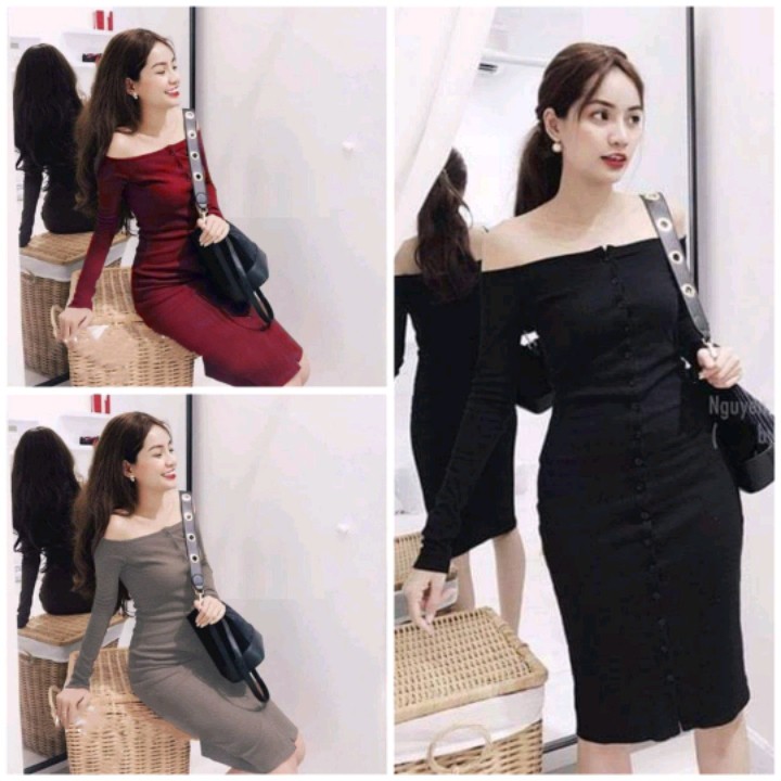 LH03 - Đầm Body Trễ Vai Tay Dài Nút Giữa | BigBuy360 - bigbuy360.vn