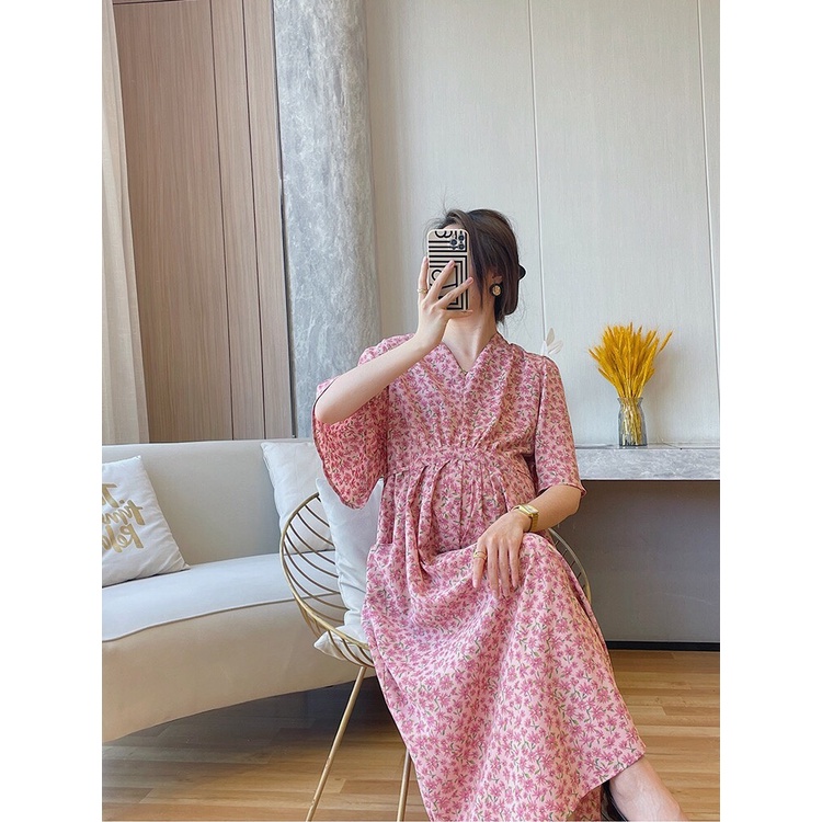Váy đầm bầu hoa nhí hồng cổ v thiết kế công sở, dự tiệc cho mẹ bầu phong cách hàn quốc sang trọng lịch sự mới mùa hè