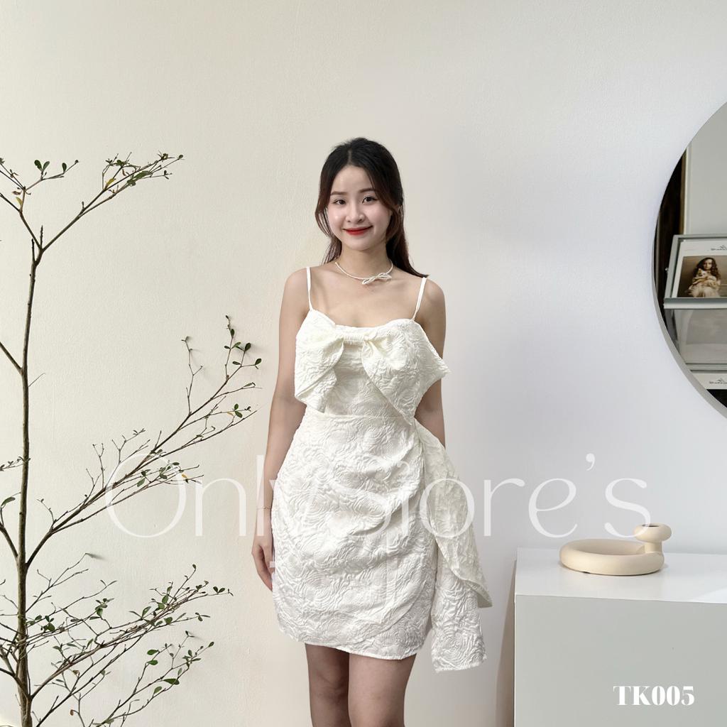 Đầm gấm 2 dây đính nơ phối tà