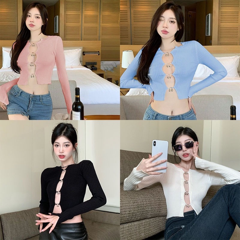 Áo Croptop Dệt Kim Tay Dài Màu Sắc Thanh Lịch