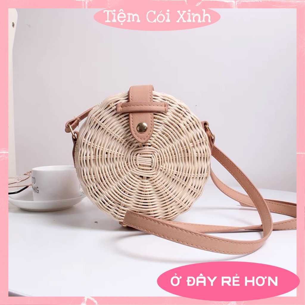 Túi Mây Đeo Chéo Quai Da Hộp Tròn, Túi Cói Mini Đi Biển Vintage Có Lót Vải Đẹp Xuất Sắc