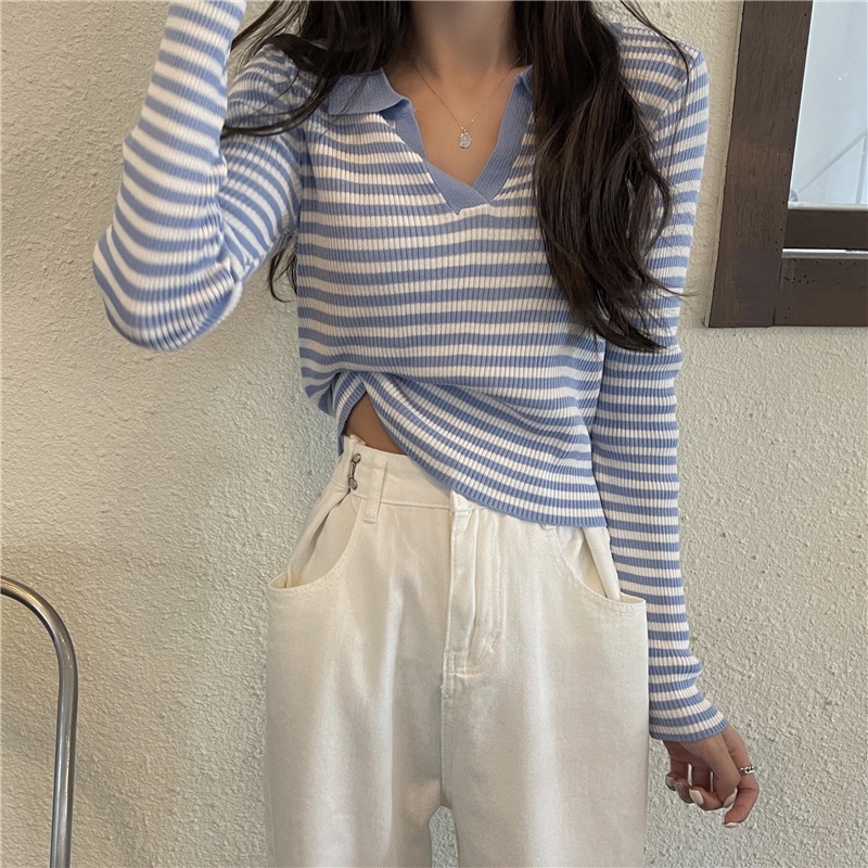 SUXI Áo Polo Dệt Kim Kẻ Sọc Màu Sắc Tương Phản Phong Cách Hàn Quốc Cho Nữ