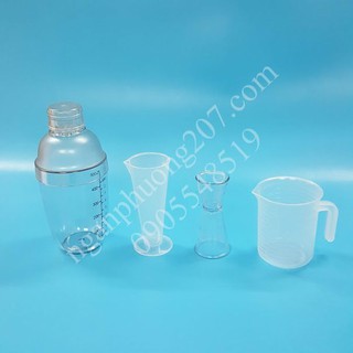 BỘ 4 DỤNG CỤ PHA CHẾ TIỆN LỢI(SHAKER 530ML IN, LY 100ML, CA 250ML, LY 2 ĐẦU)