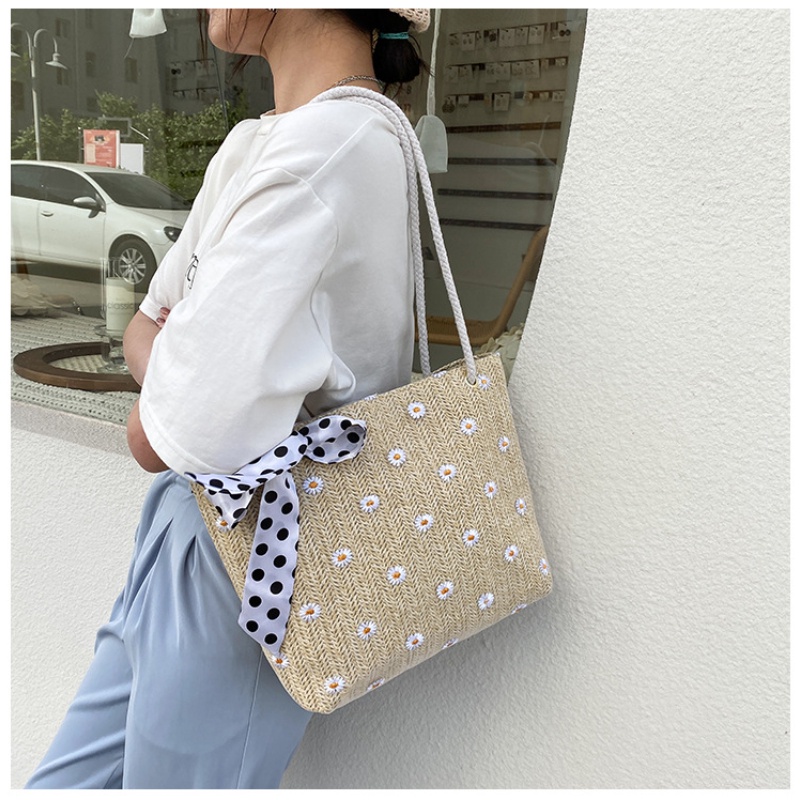 Túi tote đan sợi rơm IELGY đeo vai họa tiết hoa đơn giản thời trang mùa hè cho nữ