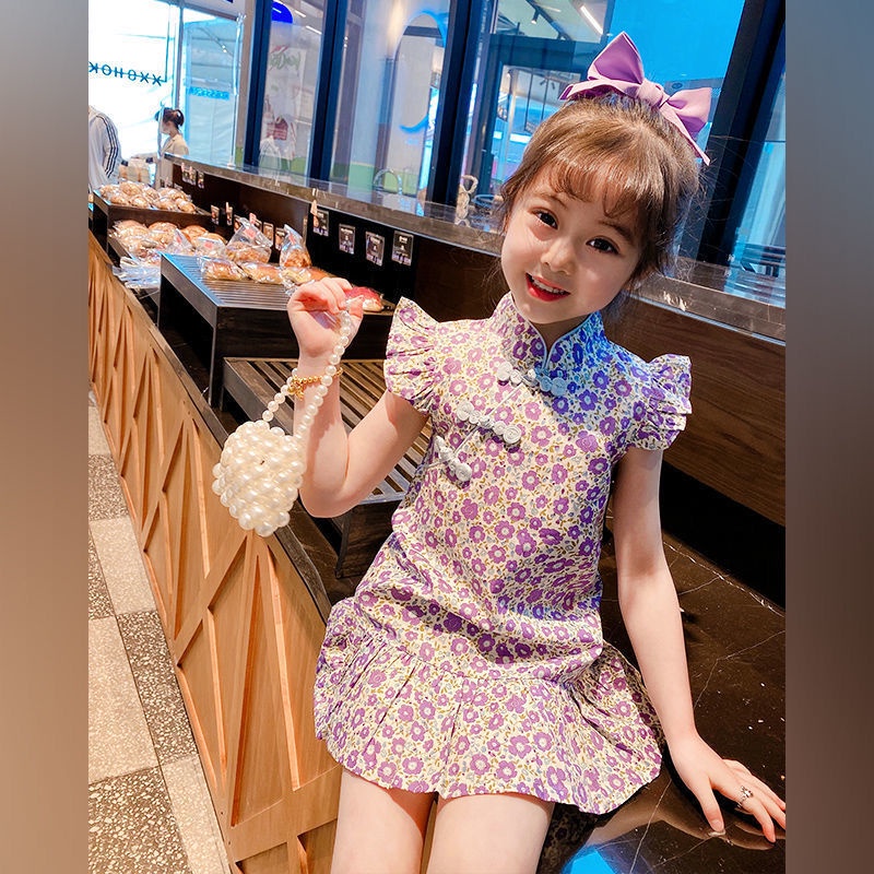 Đầm Sườn Xám Cách Tân Tay Ngắn Bằng Vải bông Phong Cách Trung Hoa Dành Cho Bé Gái 1-9 Tuổi