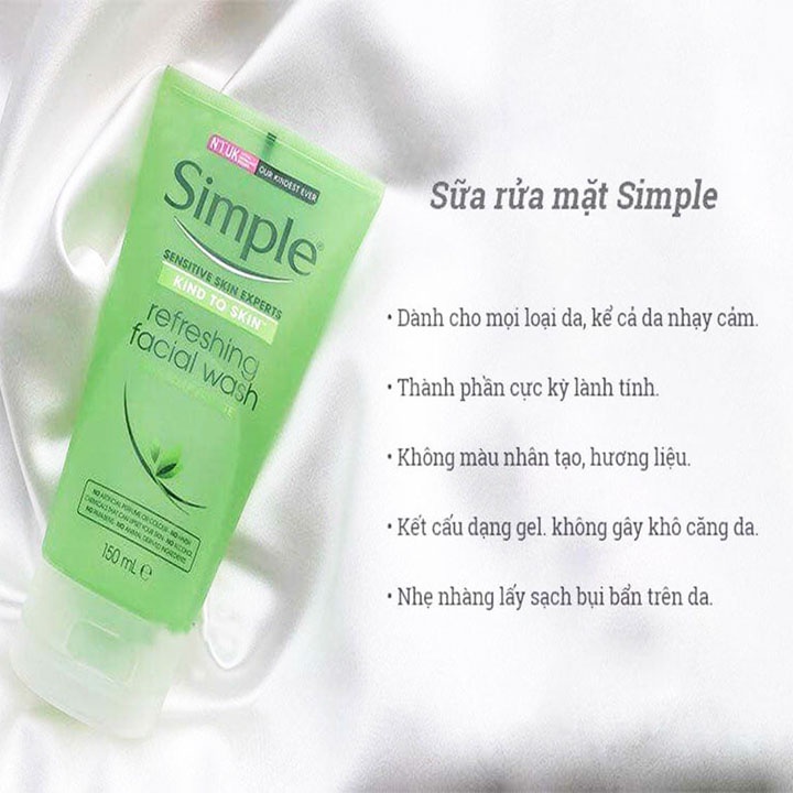 Sữa rửa mặt Simple, gel rửa mặt cho da dầu mụn, làm sạch sâu dịu nhẹ cấp ẩm 150ml