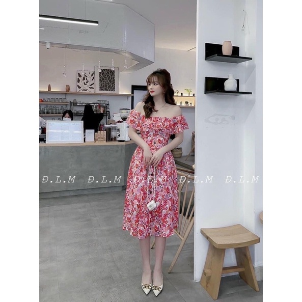 Váy tơ hoa trễ vai V0105