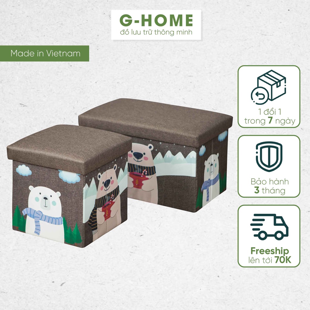 Ghế đựng đồ trẻ em, Thùng đựng đồ kiêm ghế ngồi cho bé Ghome, ghế hộp họa tiết hoạt hình chắc chắn TV041 Nâu