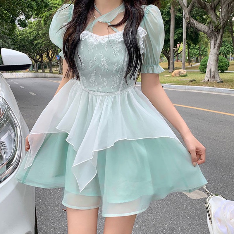 AMOI Set Đầm Hai Dây Phối Lưới Thiết Kế Độc Đáo Thời Trang Hàn Quốc Quyến Rũ Cho Nữ