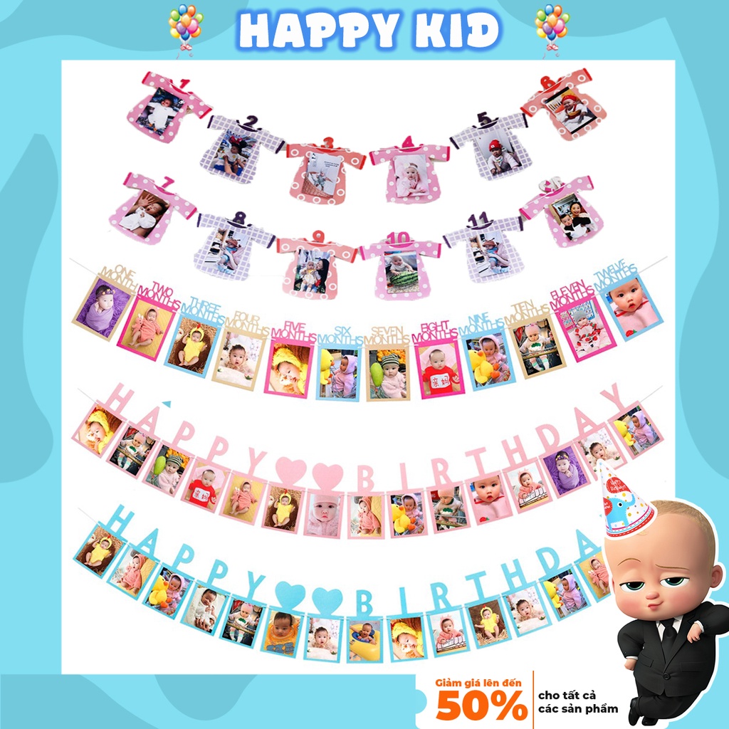Dây treo khung ảnh 12 tháng kèm in ảnh trang trí sinh nhật thôi nôi cho bé trai bé gái tặng kèm dây HAPPYKID DTKA
