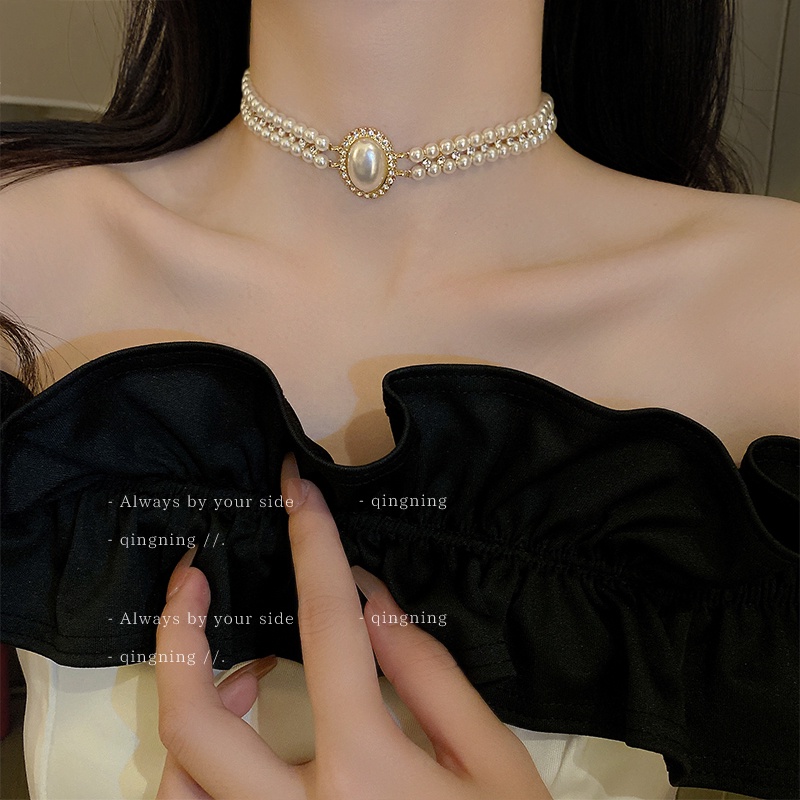 Dây Chuyền Hai Lớp Đính Ngọc Trai Hình Oval Sáng Tạo Thời Trang Âu Mỹ