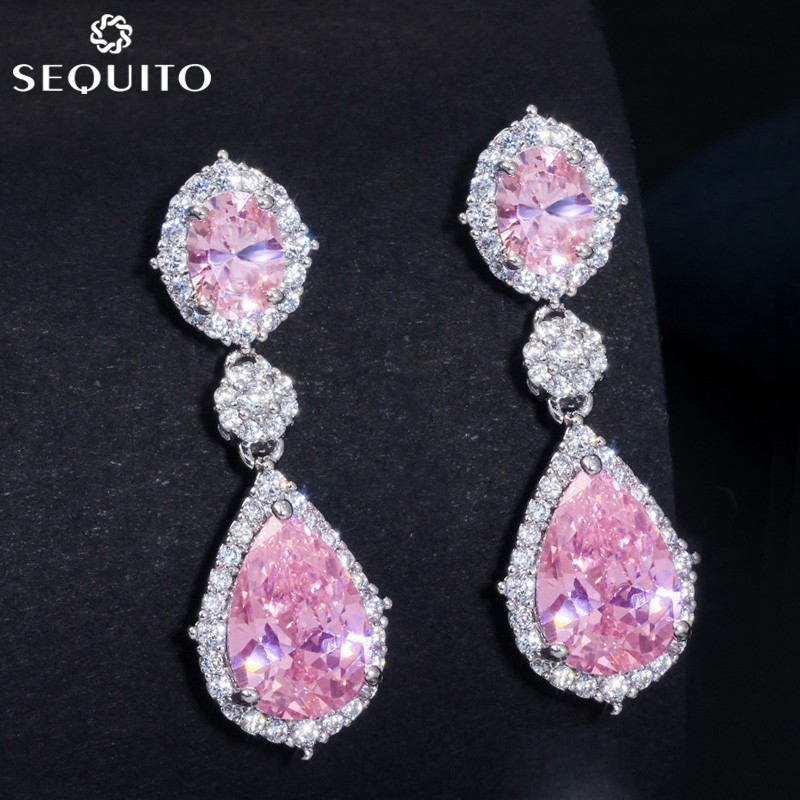 Sequito Bông Tai Dáng Dài Đính Đá Zircon Màu Trắng / Vàng Hồng Phong Cách Hàn Quốc Sang Trọng Cho Nữ e284