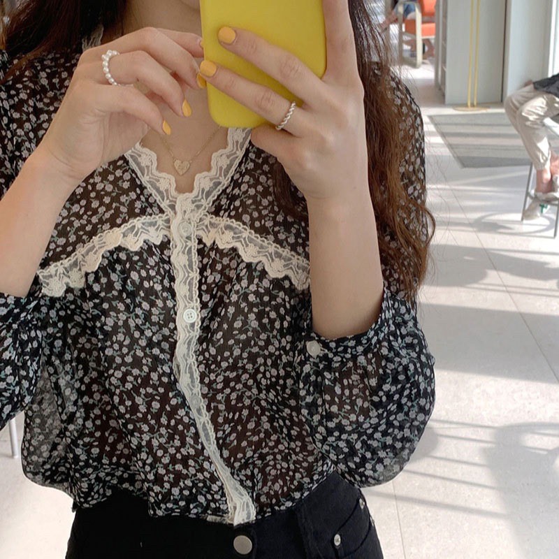 [Hàng Quảng Châu]SP110 Áo voan hoa nhí viền ren